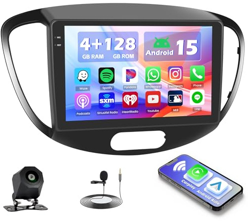 4+128G Autoradio für Hyundai I10 2007-2013 Wireless CarPlay Android Auto | 9 Incell Bildschirm Radio mit Android 15 Bluetooth Navi GPS WiFi EQ FM/RDS USB Geteilter Bildschirm Mikrofon Kamera