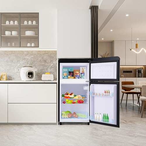 vutizal Retro Kühlschrank 72L mit Gefrierfach, Doppeltür, Ultraleise 39 dB, Energieklasse E, Mini Kühlschrank, Schwarz