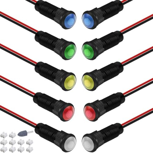 DAOKAI Spia LED in plastica AC 110V-220V, spia di alimentazione impermeabile, lampada di segnalazione LED (multicolore), foro di montaggio da 6 mm con cavo da 14 cm - 10 pezzi