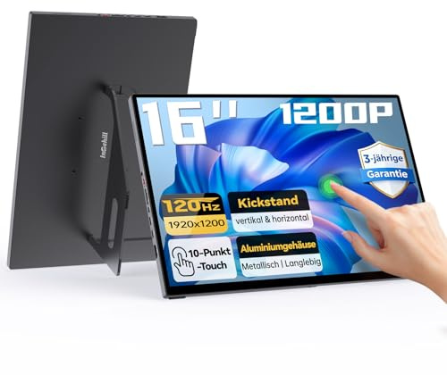 Intehill Tragbarer Monitor 16 Zoll 120Hz Touchscreen Gaming, USB-C FHD 1920x1200 IPS 300 Nits 100% sRGB, Aluminiumgehäuse mit Lautsprecher, VESA, für PC/Mac/Switch/PS5 - T16PB（Schwarz）