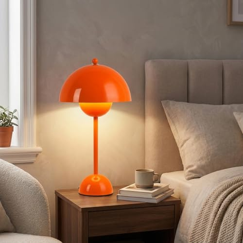 Alpinaluz Tischlampe Vintage Retro Orange aus Stahl mit skandinavischem Design und doppeltem halbkugelförmigem Lampenschirm, sanftes indirektes Licht, E27 Fassung, ohne Leuchtmittel, ideal für