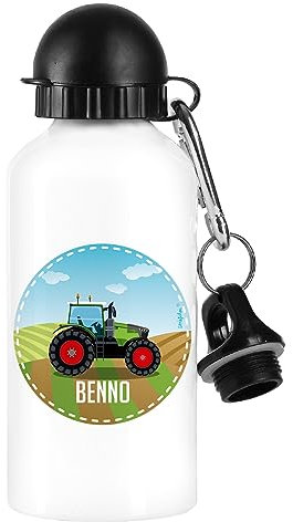Striefchen® Trinkflasche für Kinder mit Traktormotiv und Wunschnamen 500 ml BPA frei Aluminium Weiß