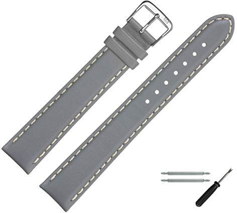 MARBURGER Uhrenarmband 22mm Leder Grau Silber XL Glatt Mit Naht - Montage Set 8022215000120