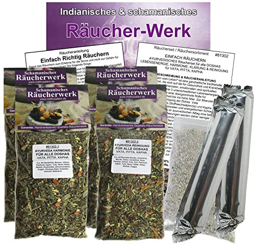 RÄUCHERWERK 9-TLG Räucherset AYURVEDA Harmonie für alle DOSHAS. LEBENSENERGIE KLÄRUNG & Reinigung für VATA + Pitta + KAPHA. 4 x Räuchermischungen + ZUBEHÖR + Anleitung. 81302-X4.