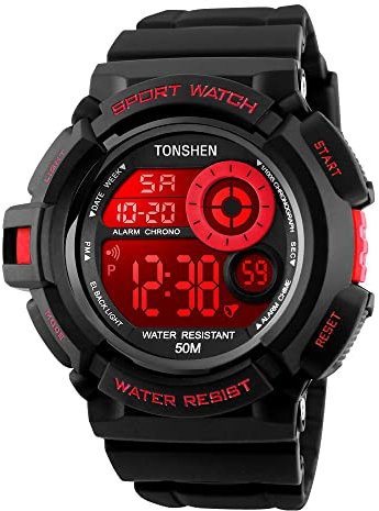 TONSHEN Mens Large Face Plastic Sport Watch with Rubber Band Multicolour LED Back Light Outdoor Military 50M Waterproof Multifunction Stopwatch Electronic Digital Wirst Watches