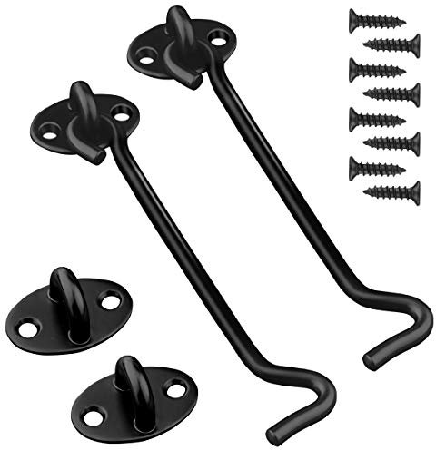 2 Pack Hook and Eye Latch Black 152mm(6) Cabin Hooks and Eye Metal Door Hook Latch Heavy Duty Cabinet Latches for Door Gate Window Closet Shed
