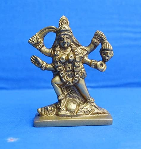 Powerful spiritual goddess Maa Maha Kali on Shiva, brass statue, Hindu idol, brass goddess, Mahakali, for home, temple, mandir, Kalkaji idol, spiritual, Puja Vastu, India, goddess Kali, brass (6.3 cm)