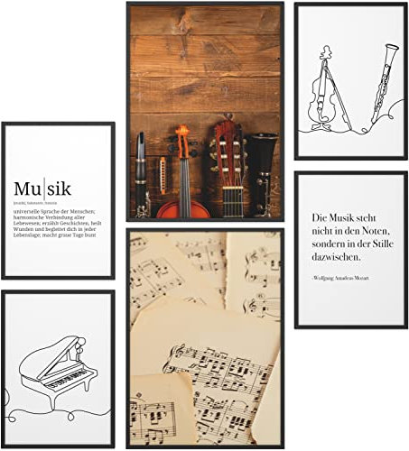 Papierschmiede® Mood Poster Set Musik, Fertiges Bilder Set mit Rahmen (Holz, schwarz), Wohnzimmer Deko Schlafzimmer, 2x DIN A4 und 4x DIN A5, Noten Orchester Instrumente Partitur