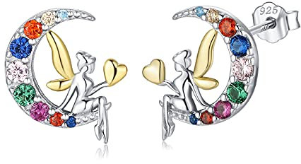 Qings Mond Ohrringe mit Feen Elfen Engel Fee Ohrringe Ohrstecker Kinder 925 Sterling Silber Bunte Zirkonia Engel Ohrringe für Mädchen