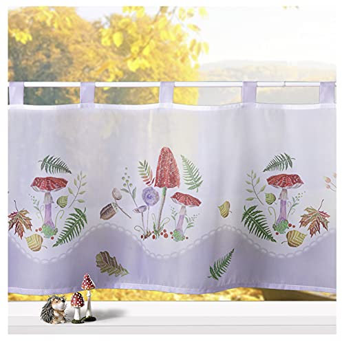 heimtexland ® Scheibengardine Pilz und Blätter Voile Gardine Transparent HxB 45x120 Fensterdekoration Herbst Typ758