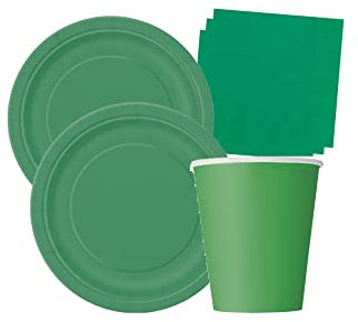 Isola Party Kit festa di compleanno tinta unita color Verde Smeraldo per 32 persone eco-friendly (32 piatti di carta ⌀ 23 cm, 28 bicchieri di carta 266 ml, 40 tovaglioli di carta 33x33 cm)
