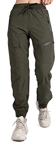 Singbring Women's Athletic Hiking Cargo Joggers Pants Outdoor Workout Lightweight Quick Dry UPF 50 Zipper Pockets (AGreen88-M)