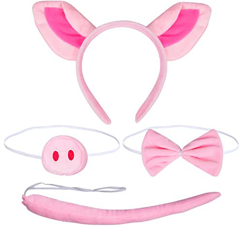 LAMEK 4TLG Schweine Kostüm Set Tier Haarreif mit Ohren Schwanz Fliege Nase Schweineohren Stirnband Cosplay Party Zubehör für Erwachsene Kinder Karneval Halloween Maskerade Kindergeburtstag