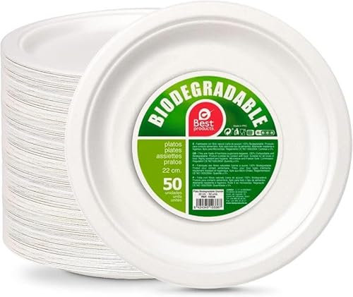 MORE FREE Platos Reciclable de Alta Resistencia Caña de Azúca Blanca Plato Reutilizable Cucharas Cuchillos Tenedores Vasos Platos Pajitas para Fiestas Buffets Bodas (22CM/50PCS, Plato-Redondo)