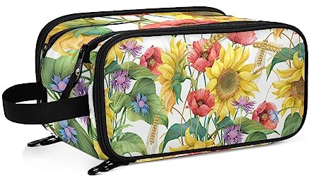 Kulturbeutel Blumen-Blumen-Sonnenblumen-Mohn Große Kosmetiktasche Kulturtasche Waschtasche Make Up Tasche Waschbeutel Schminktasche für Damen Mädchen