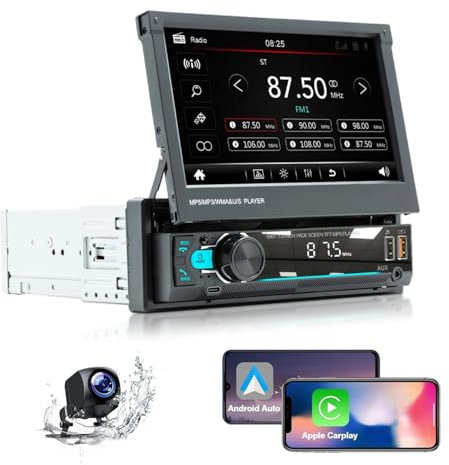 Autoradio Simple DIN, Stéréo de Voiture à écran Tactile Rétractable de 7 Pouces, Récepteur Audio de Voiture Bluetooth 5.1 avec Caméra de Recul 12 LED, Carplay pour Android Auto