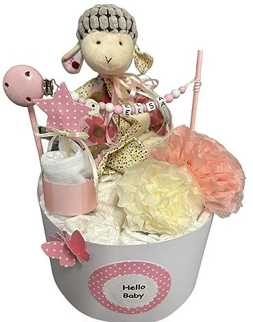 Windeltorte mit Name - Kuschtiere mini - Geschenk, Babyparty, Geburt, Taufe, Babygeschenk (Rosa Weiss)