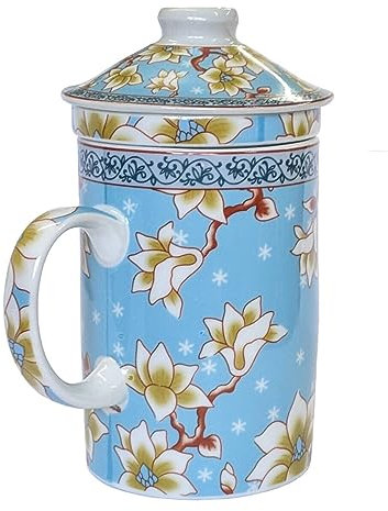 Porcelain Chinese Tea Mug with Infuser and Lid - Starlight Magnolia Pattern