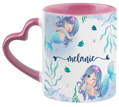Personalised Mermaid Girl Gift, Mermaid Coffee Mug, Gift for Kids, Girls, Heart Handle Coffee, Tea Mug. (Pink)
