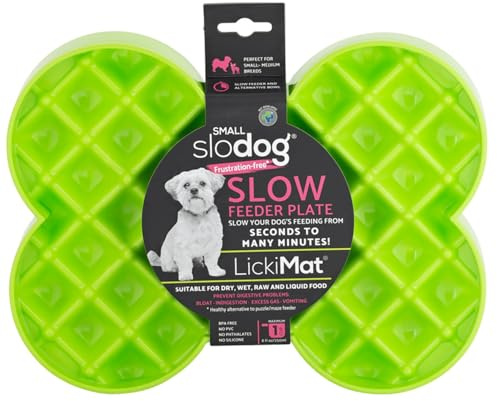 LickiMat Kleiner Slodog geeignet für Nassfutter, Rohfutter, Trockenfutter und Leckereien, perfekter Spaß-Futterspender für kleine und mittelgroße Hunde, kein Schluck und keine Frustration, Grün