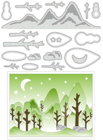 BENECREAT Nachtwald Metall-Stanzschablone, 12.8x8.9 cm Mond-Stern-Berg-Prägeschablone Aus Karbonstahl Für Kartenherstellung, DIY, Scrapbooking, Fotoalbum