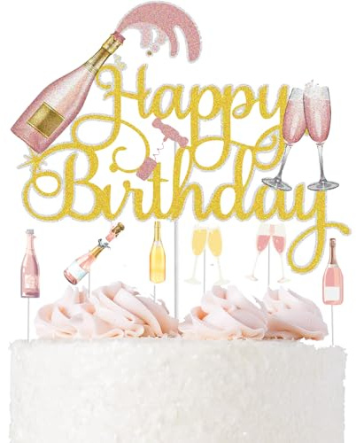 7Pcs Champagne Happy Birthday Cake Toppers Cheers to 21 30 40 50 60 Years Theme Birthday Party Decoration Supplies Gold Pink Glitter Beers Wine Glass Cake Decor Celebrating for Men Women