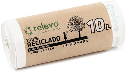Relevo 100% Reciclado Bolsas Basura Perfumadas, extra resistentes 10 L, 15 bolsas con autocierre