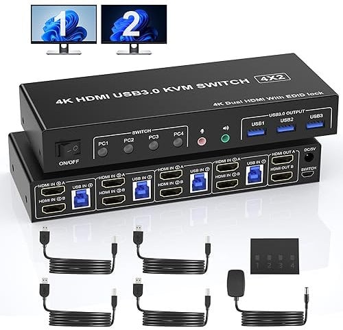 KVM Switch HDMI 4K @60Hz para 4 PC y 2 Monitores, con EDID, USB 3.0, Micrófono de Audio, 3 Puertos USB, Adaptador DC y 4 Cables - Soporta Dual Monitor