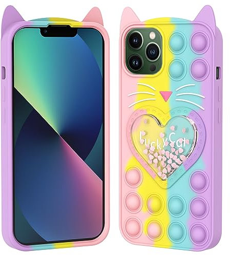 Asgens Pop Case for iPhone 13 Pro, Cute Cartoon Lucky Cat Quicksand Bling Stars Push Bubbles Shockproof Silicone Soft Phone Case for Apple iPhone 13 Pro 6.1 inch