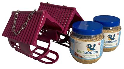 Grumpy Gardener NutPecker Hanging Bird Feeder House - Wild Birds Weatherproof Feeding Station, Durable Bird House with Adjustable Chain, Ideal Outdoor Birdfeeder (2 Pack, 2 x NutPecker Jars, Pink)