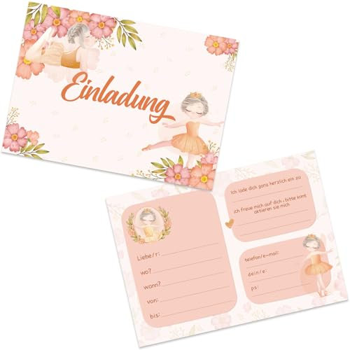 Tixlux 12 Einladungskarten zum Kindergeburtstag, 14 x 10 cm Ballettmädchen Einladungskarten, Geburtstagseinladungen für Jungen und Mädchen, Geburtstagseinladungen Kinder Geburtstagsfeier Kinderparty