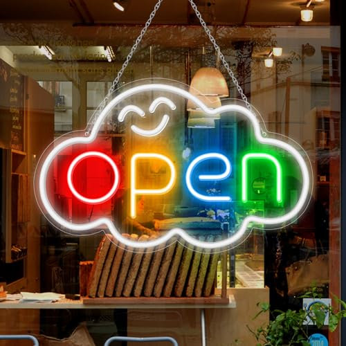 16.5x 10.2 LED Neon Open Sign for Business, Ultra Bright Lighted Sign Open with ON/OFF Switch, Cloud Electric Light up Sign for Stores, Restaurants Offices Retail Shops Window Storefronts