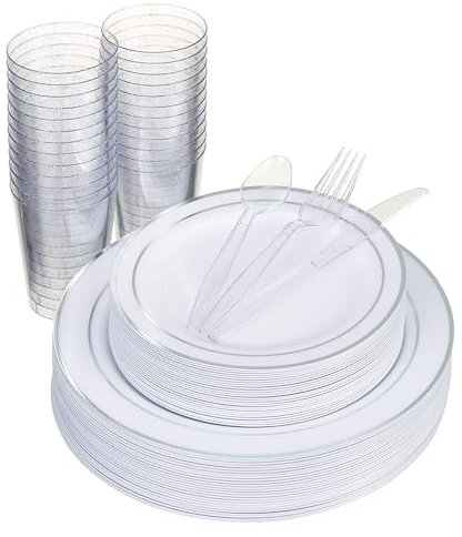 MATANA 300 Stück Mehrweg Partygeschirr Set in Weiß & Silber für 50 Gäste - 50 Plastikteller 50 Dessertteller 50 Löffel 50 Gabeln 50 Messer & 50 Partybecher - Hochzeiten, Geburtstage & Partys