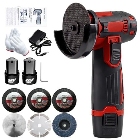 Mini-Winkelschleifer, kabellos, 19500 U/min, 12 V, professionell, 3 Trennscheiben, tragbares Mahlwerk zum Schneiden, Polieren und Schleifen mit Akku (Rot, zwei Batterien)