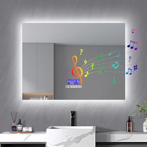 Generisch LED-Badezimmerspiegel mit Wettervorhersageanzeige, Bluetooth-Lautsprecher, Kosmetikspiegel mit Dimmer und Antibeschlag-Farbwechsel, mit Memory-Funktion (80 * 140cm)