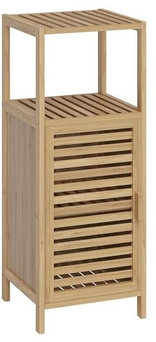 Bellamio Badschrank Newa mit 4 Ablagen, Badezimmerschrank schmal mit 1 Tür, Aufbewahrungsschrank Badezimmermöbel aus Bambus lackiert, Standregal Bambus Regal Maße 85x33x33 cm