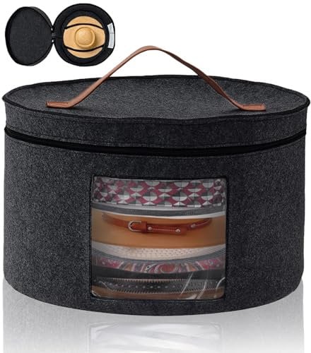 Rierousy Hutschachtel Rund- Foldable Hat Storage Boxes Fabric with Lid und Zip, Leather Handle, Transparent Window, Hutschachtel- 42 x 25 cm (Dark Gray)