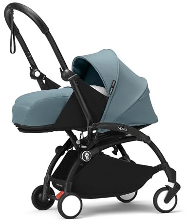 Stokke YOYO3 Gestell (Schwarz) mit 0+ Neugeborenen Set (Aqua) - Inklusive Matratze, Fünfpunktgurt, ausziehbarem Verdeck, gepolsterte Schultergurte & schützende Aufbewahrungstasche