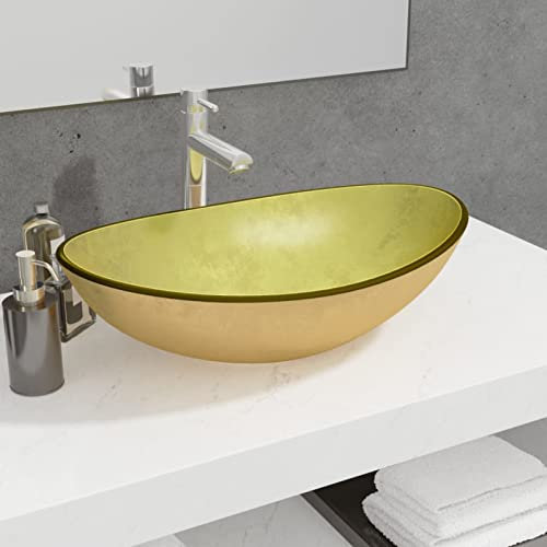Iiaky Lavabo de Vidrio Templado Dorado 54,5x35x15,5 cm Lavadero Pila Exterior