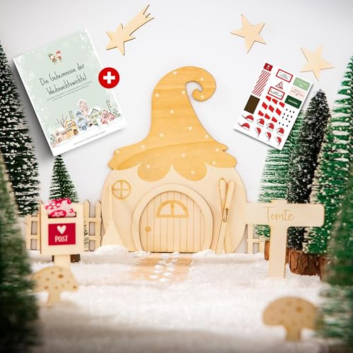 INEXTERIOR Wichtelhausen - 65-teiliges Wichteltür-Set - PERSONALISIERBAR - hangemacht in Deutschland aus Holz - Wichtelset mit großem Wichtelhaus - inkl. Zusatzbuch (Mit Personalisiertem Namensschild)