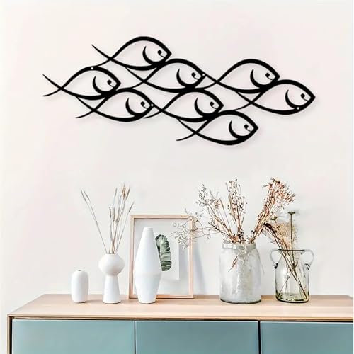 Metall Fisch Wanddekorationen, Moderne Meeresfische Familie Eisen Kunst, Abstrakte Geometrie Linie Fischen, Hängende Wandtafeln Rustikaler Stil für Haus, Bad, Pool und Veranda Deko.(50 * 20cm