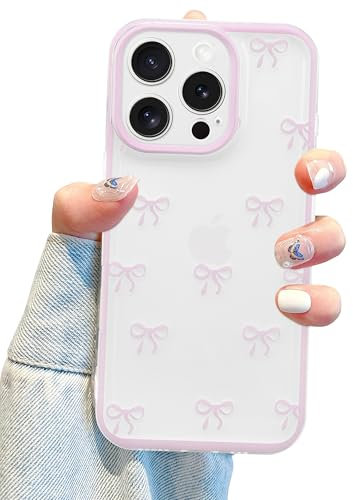 Jusy Compatible with iPhone 14 Pro Max Bow Phone Case, Cute Clear Pink Ribbon Bowknot Pattern Aesthetic Soft TPU Transparent Cases Full Camera Protective Phone Cover for Women Girly - Pink