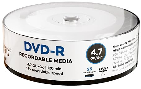 ACU-DISC Pro-Series DVD-R 4.7GB 16x Speed 120 Minutos Discos en blanco AZO Dye Protección UV Capa dura Superficie Anti-arañazos - Perfecto para fotos y videos - Compatible con cualquier unidad de DVD