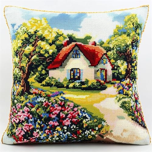 AxiangziK Schöne Villa Kissenbezug Knüpfset,Gartenhaus,Knüpfkissen Set,DIY Knüpfteppich Knüpfpackung,Latch Hook Kits für Kinder und Erwachsene,17x17in