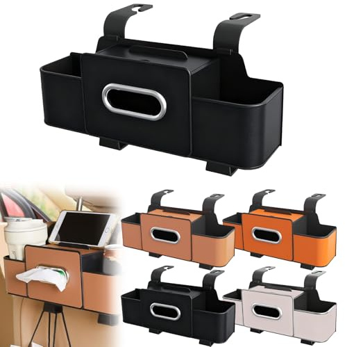 Tudegy Car Seat Cup Holder with Hooks,Car Seat Back Organizer,Leather Tissue Box, Adjustable Multifunctional Car Organizer Hanging Storage Box,for Travel And Road Trips (Black)