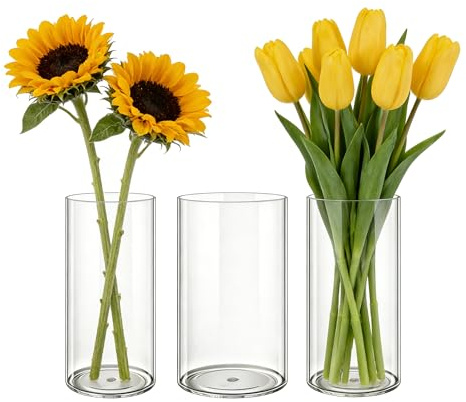 MELEJIA 3er-Set Acryl Blumenvase, Bruchsichere Transparente Zylindervase, Modern Acryl Vasen zur Dekoration, Vase für Hochzeiten, Wohnzimmer, Büro, Hausdekoration-(10 x 20 cm、12 x 20 cm、 15 x 20 cm)