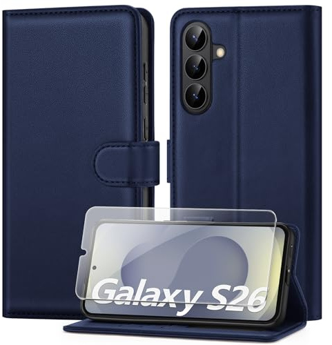 ivencase Coque pour Samsung Galaxy S26 5G avec Verre Trempé, étui Cuir PU Magnétique [Pochette de Portefeuille], Housse de Fonction Stand Video Porte Carte Credit à Rabat pour Samsung S26 -Bleu Vif