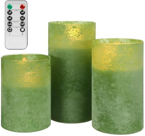 NOXINDA Grüne Glas LED Kerzen 3er Set mit Timer | Glas-Stumpenkerzen mit 3D-Flackerflamme, Fernbedienung, dimmbar, für Windlicht, Tischdeko und Wohnzimmer
