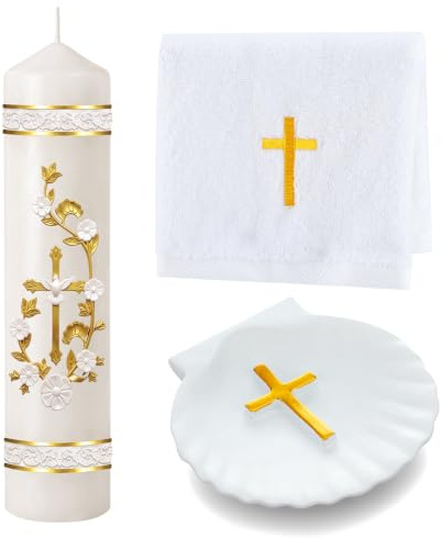 Lyrow Baptism Candle Set Complete Christening Gift Kit with Shell, Candle & Towel, White Gold Communion for Baptism, First Holy Communion, Catholic Sacraments ()
