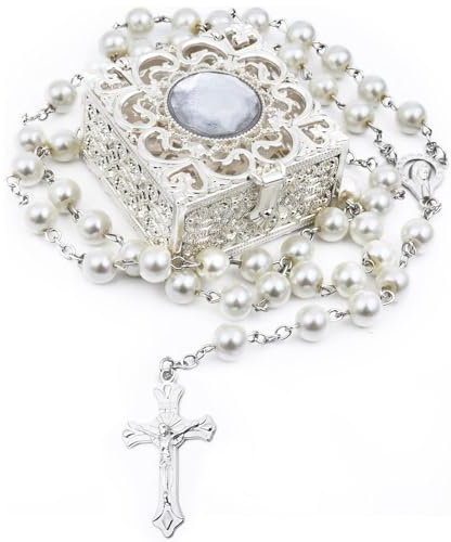 LQTSLFM Rosenkranz Kette mit Case, Rosenkranz Kommunion Männern Damen, Rosary Necklace in Im Metallbox, Rosenkranzkette Geschenk für Angehörigen, Älteste, Liebste (Weiß)
